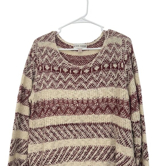 Knox Rose Women SZ L Burgundy & Beige Striped Knit Soft Boho Sweater Side Ties - Picture 8 of 11